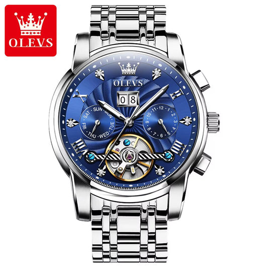 Mens Watch Automatic Mechanical Tourbillon Slef-Wind Luxury Stainless Steel Strap Waterproof Luminous Date Wrist Watch